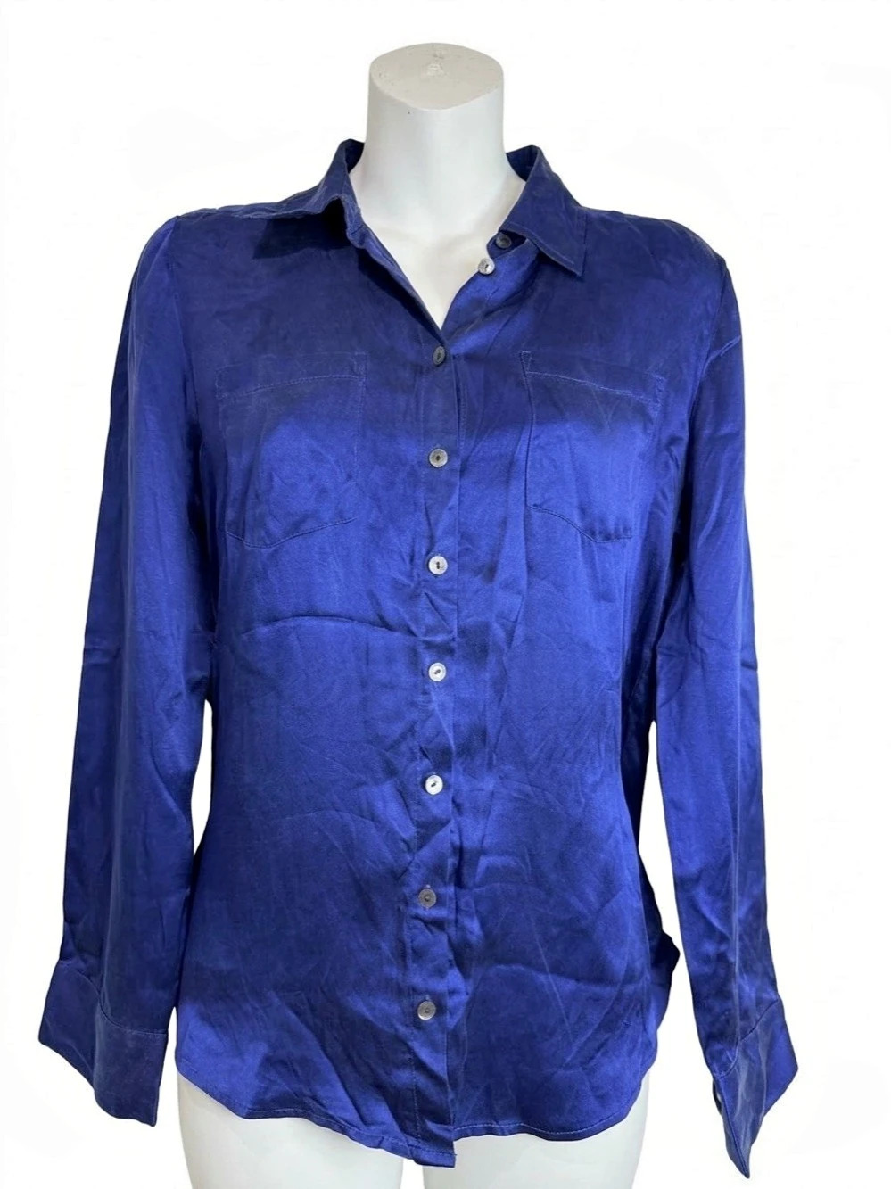 GUESS 100% Silk Royal Blue Button Down Shirt Blouse XS Jewel Tone Long Sleeve